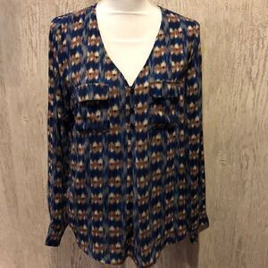 Skies Are Blue Half Button Down Patterned Blouse